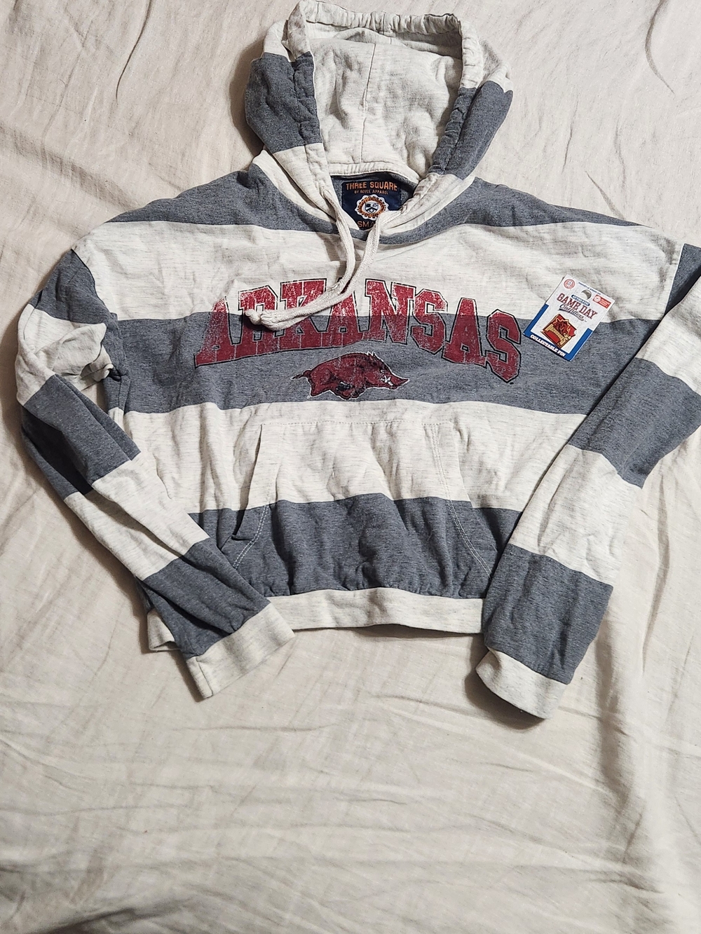 Arkansas Striped Cropped Hoodie Sweatshirt - Cream & Gray